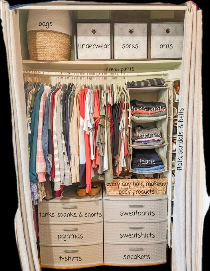 an organized closet with clothes and other items