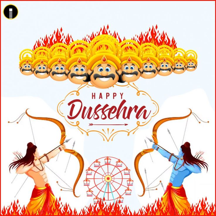 happy dussehana greeting card with two women holding bows and arrows in front of fire