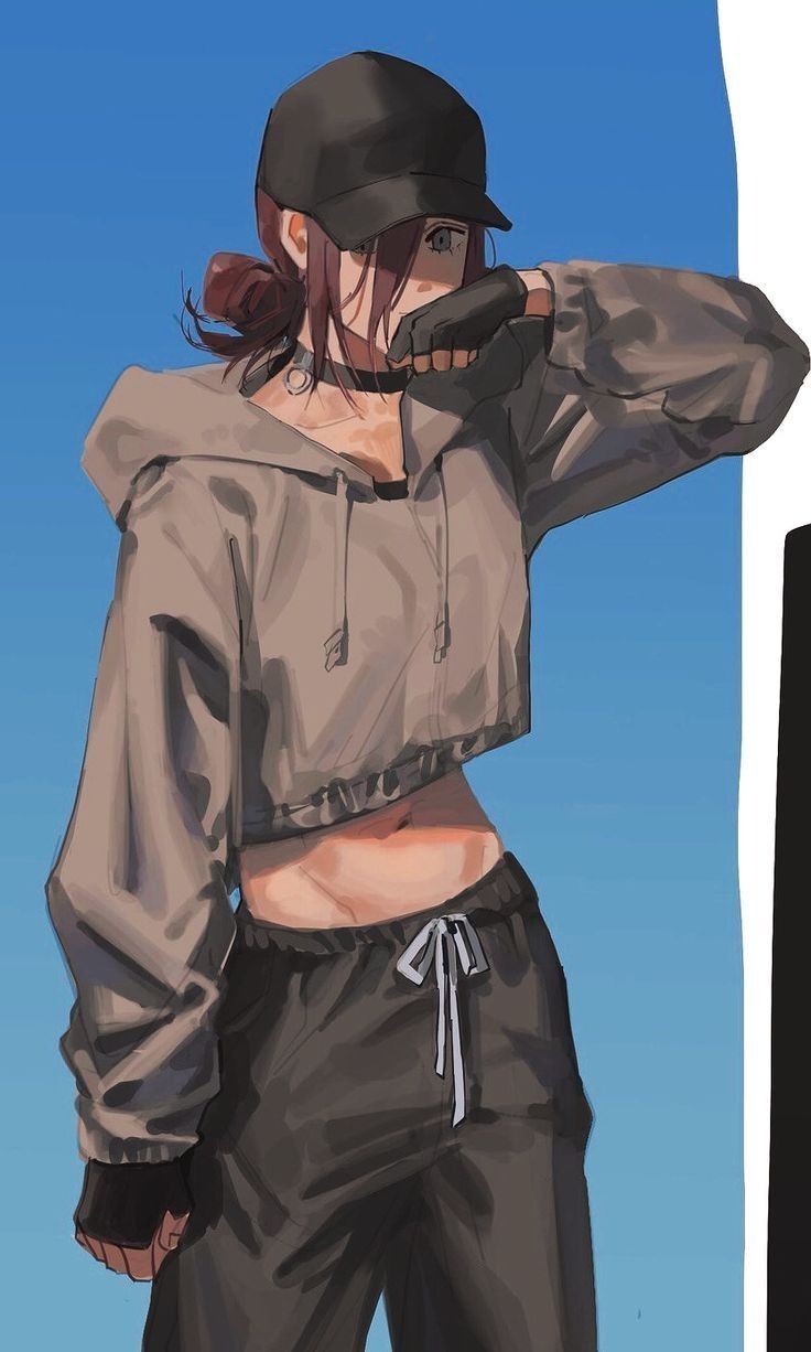 a drawing of a woman in grey hoodie and black pants with her hands on her head