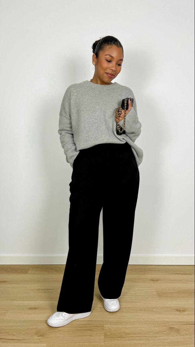 Cashmere sweater, wide leg tailored trousers, air jordans Wide Leg Pant And Sweater Outfit, 2023 Trouser Outfits, Wide Leg Pants Outfits Plus Size, Midsize Black Pants Outfit, Highpoint Market Outfit, Wide Pants Black Outfit, Trousers Midsize Outfit, Black Business Casual Pants, Trousers And Sneakers Women