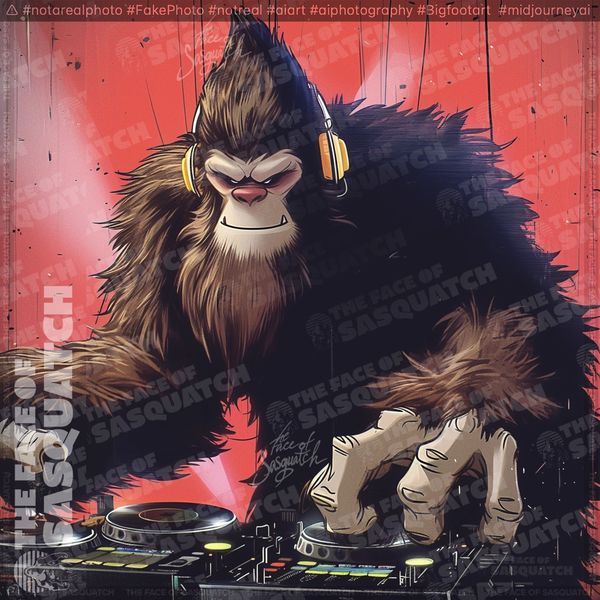 a monkey with headphones on dj's turntables in front of a red background