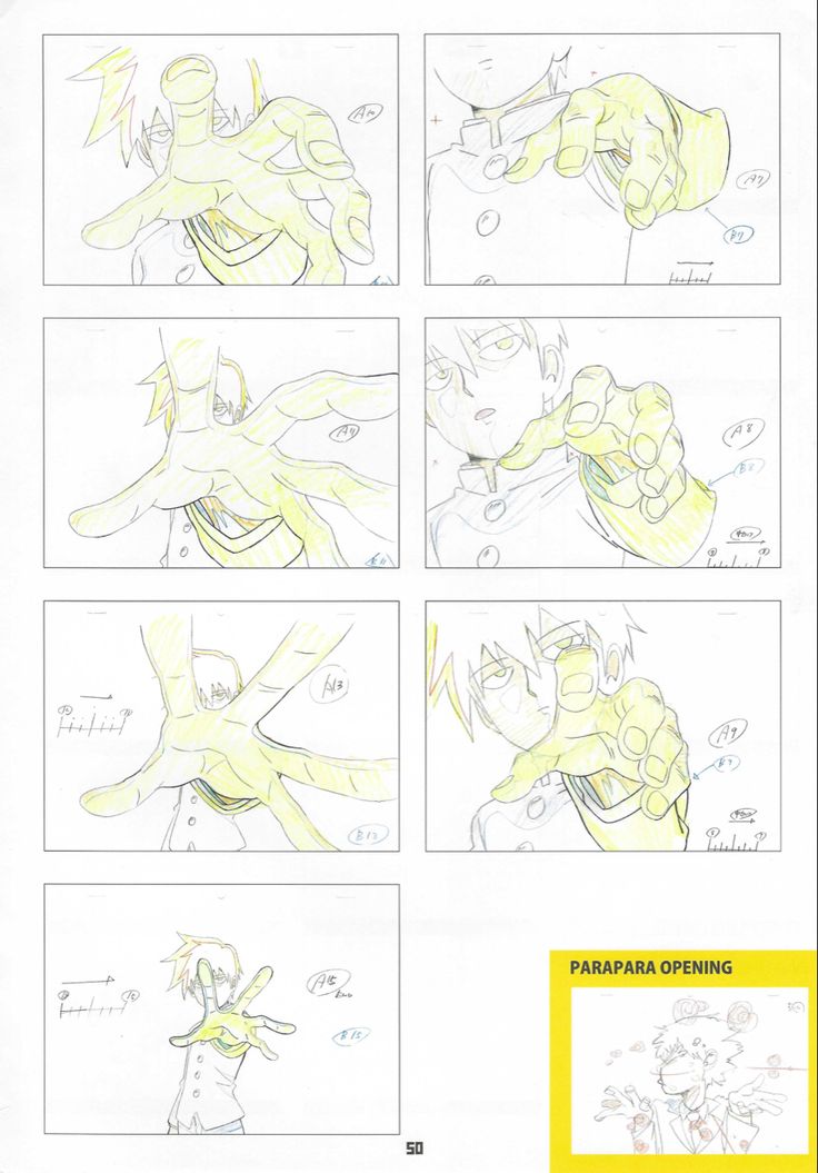 an animation storyboard with various stages of the character's face and body, including two