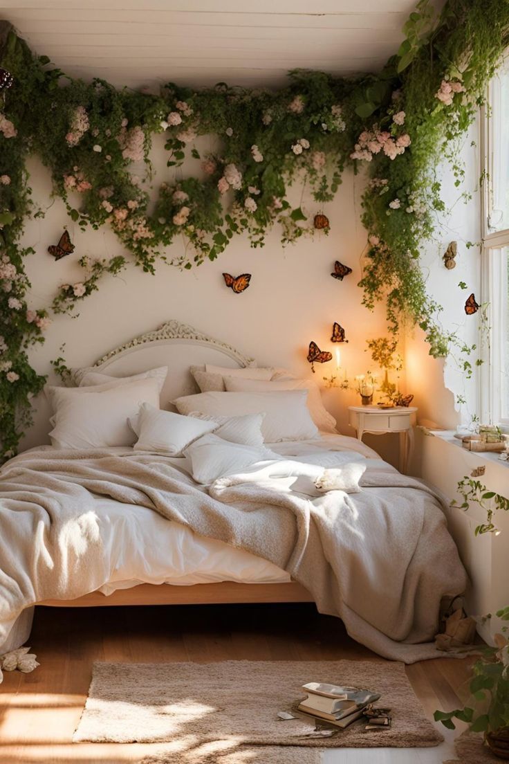 a bed covered in lots of white sheets and pillows next to a window with butterflies on it