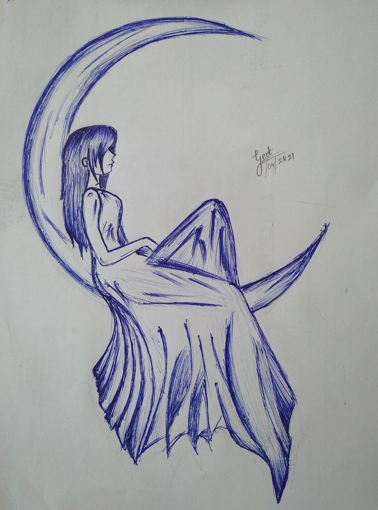 a drawing of a woman sitting on the moon