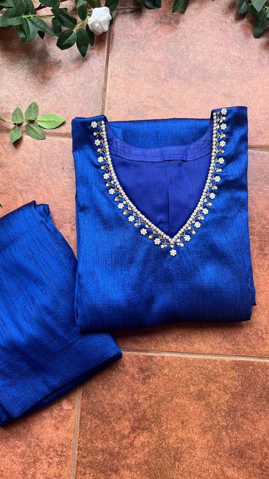 Salwar Kurti Neck Design, Pearl Work Kurti Design, Kurti With Embroidery Design, Embroidery For Kurtis Neckline, Kurti Front Design, V Neck Hand Work Design, Blue Churidar Designs, Hand Work In Kurti Neck, Silk Kurti Neck Designs