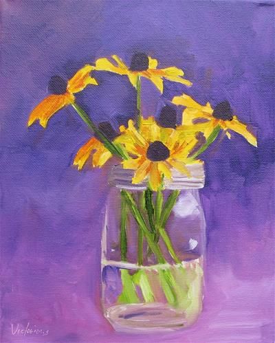 a painting of yellow flowers in a glass jar on a purple background with water below