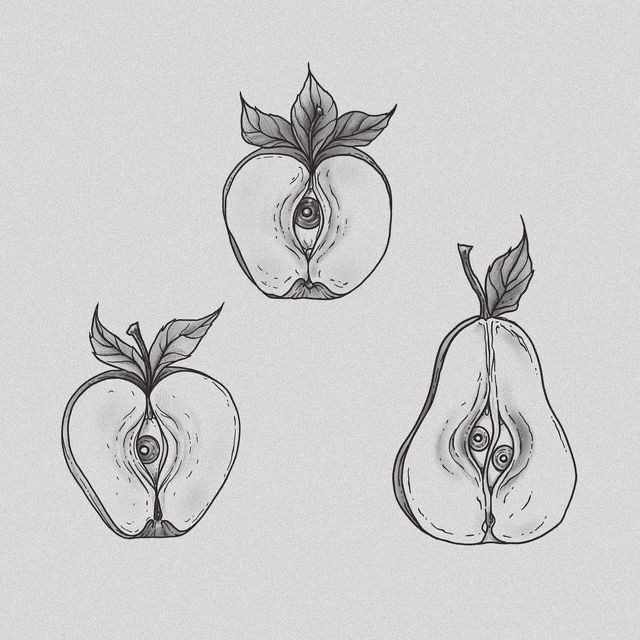 three apples and two pears with leaves on their heads, drawn in black ink