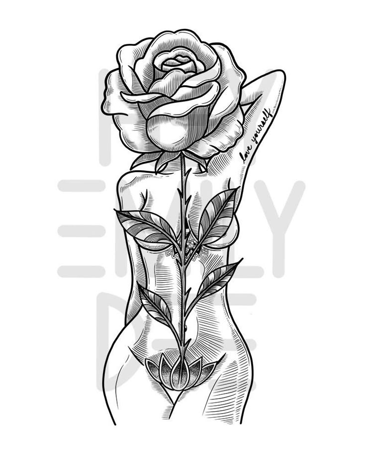 a drawing of a rose in a woman's hand with the word love written on it