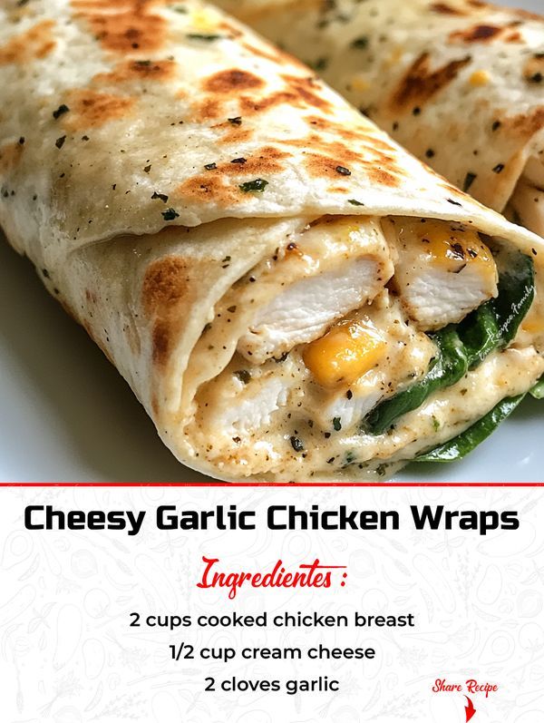 a chicken wrap is cut in half on a white plate with the recipe below it