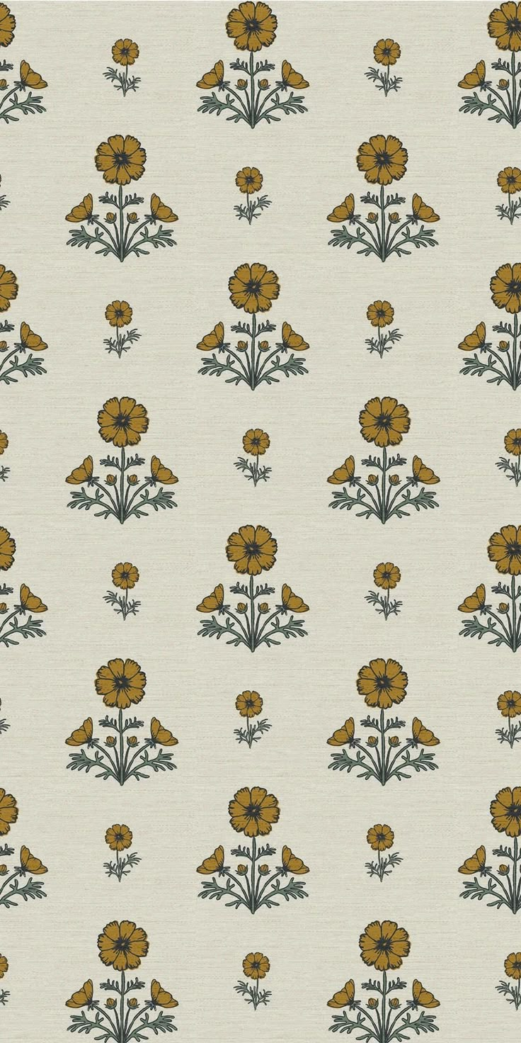 an image of a flower pattern on a white wallpaper with brown and green flowers