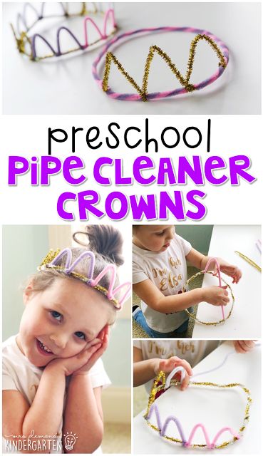 this is a collage of pictures with the words preschool pipe cleaner crowns on them