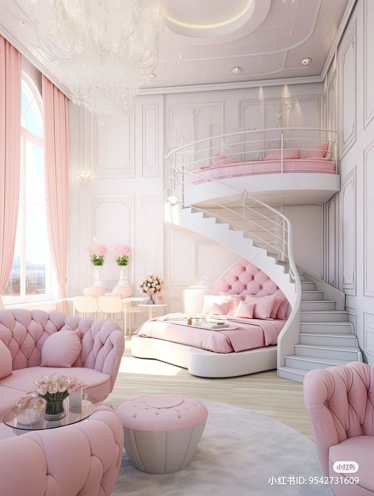 a living room filled with pink furniture next to a spiral staircase