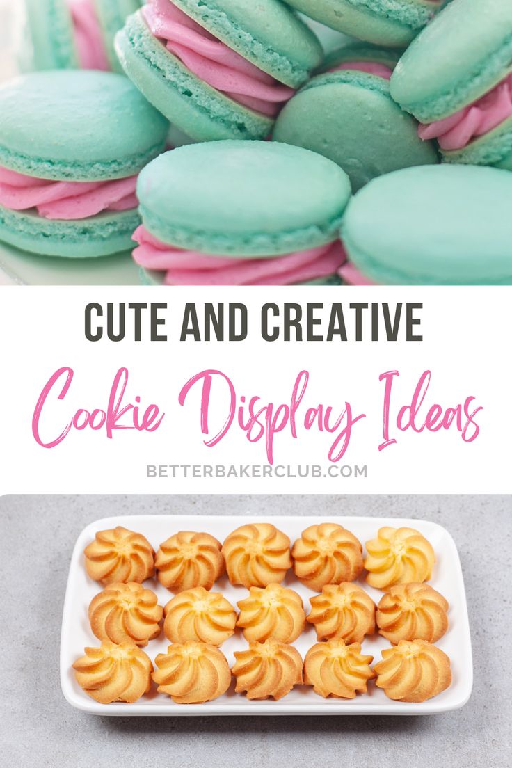 colorful macaroni and cheese cookies with text overlay that reads cute and creative cookie display ideas