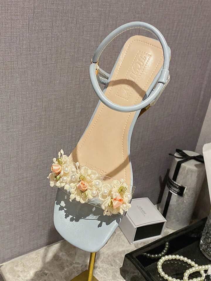 Chic Summer Flower Sandals, Chic Flower Sandals For Summer, Chic Summer Sandals With Flower Design, Spring Floral Print Flower Sandals, Floral Print Flower Heels For Spring, Floral Print Flower Sandals For Spring, Summer Blue Floral Print Heels, Shoe Sandals, Rhinestone High Heels