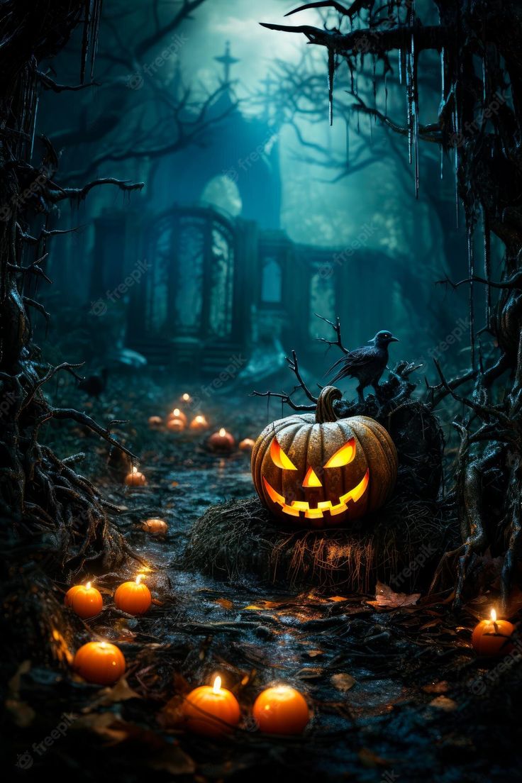 a halloween pumpkin in the middle of a forest