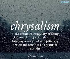 the words crysalism written in white on a rainy window with raindrops