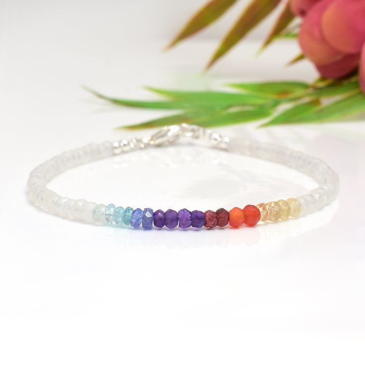 Ombre Rainbow Gemstone Bracelet with Moonstone in Sterling Silver This bracelet is very dainty - beads measure about 3-4mm apiece AAA Quality Please Feel Free To Contact If You Have Any Query. Orders are shipped within 1 business working day, excluding orders made on Sunday or national holidays. Domestic delivery takes 5-7 business days. International delivery takes 11-23 business days. PAYMENT METHOD : PayPal only Please send all payments within 7 days . Return policy: We are very confident on Pyrite Bracelet, Balance Bracelet, Rainbow Gemstones, Crystal Healing Bracelets, Chakra Jewelry, Chakra Bracelet, 7 Chakras, Pretty Bracelets, Amethyst Bracelet