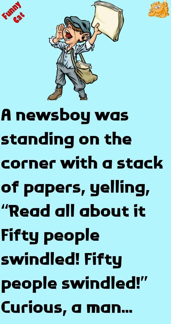 a cartoon character holding a paper with the words newsboy was standing on the corner with a stack of papers yelling