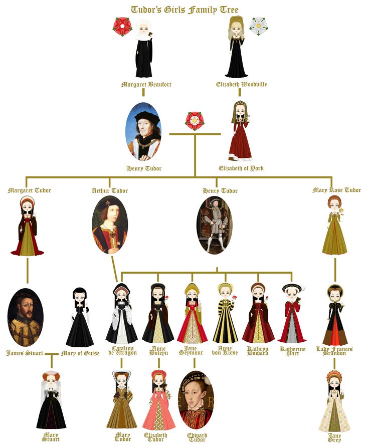 a family tree with people dressed in medieval costumes and hair styles, including the woman's head