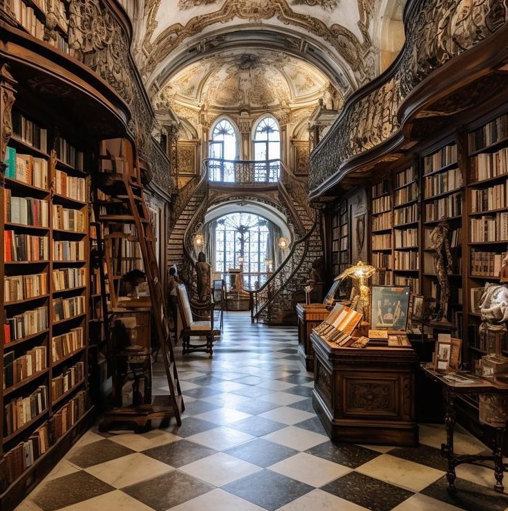 an old library with lots of books on the shelves and stairs leading up to it