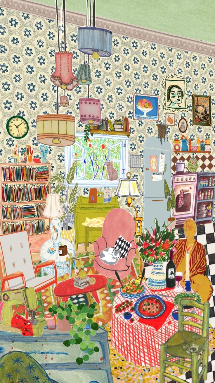 a painting of a living room filled with furniture and bookshelves on the wall