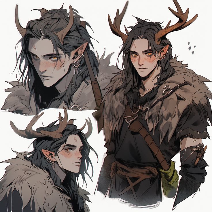 three different angles of a male character with horns and antlers on his head, in various poses