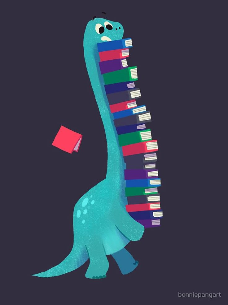 a cartoon dinosaur carrying a stack of books