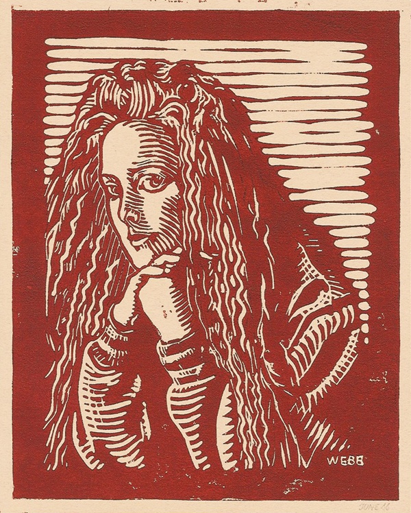 a red and white drawing of a woman's face with her hands on her chin