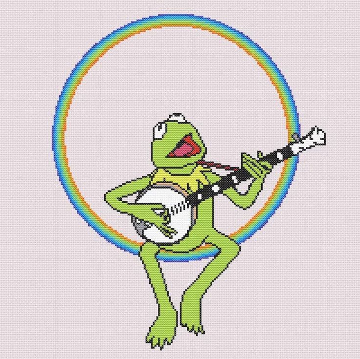 the frog is playing an electric guitar in front of a rainbow colored circle and holding it's neck