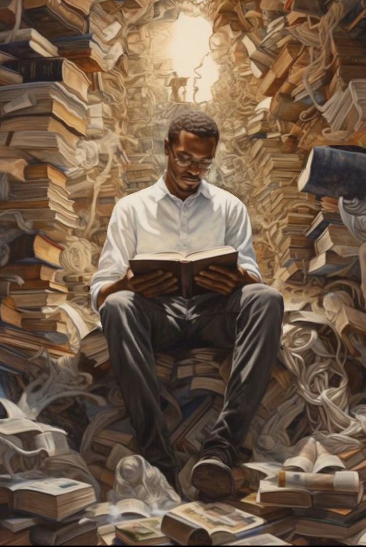 a painting of a man sitting on top of a pile of books while reading a book