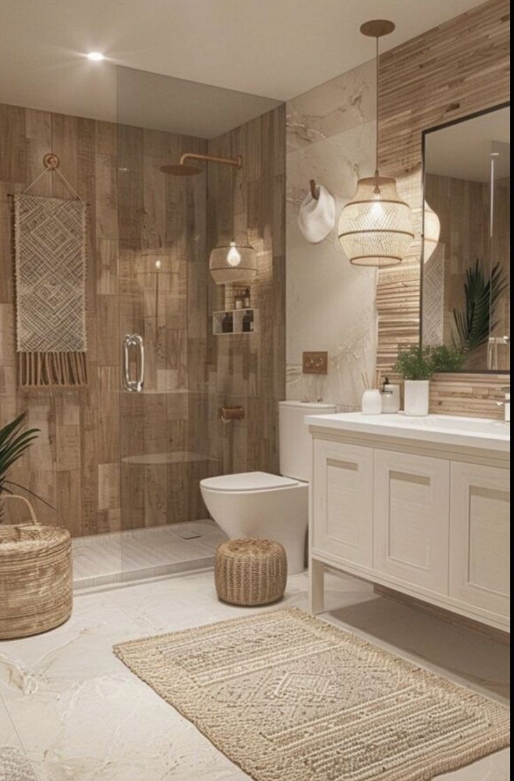 a bathroom with a toilet, sink and bathtub next to a large mirror on the wall