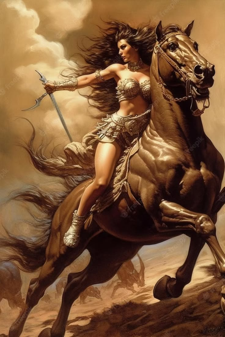 a painting of a woman riding on the back of a brown horse with two swords in her hand