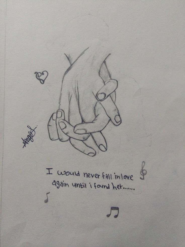 a drawing of two hands holding each other with musical notes on the wall behind them