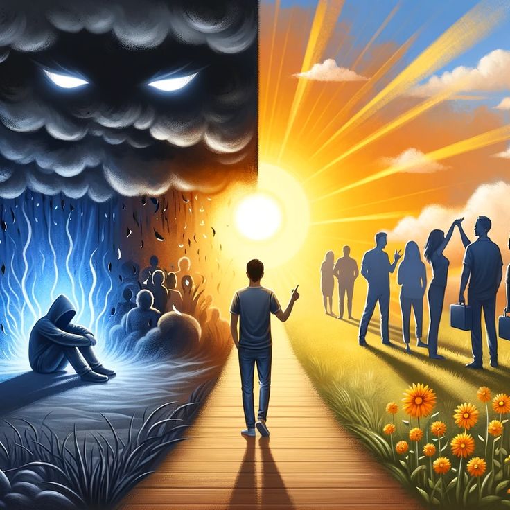 a painting of people walking down a path with the sun in the sky above them