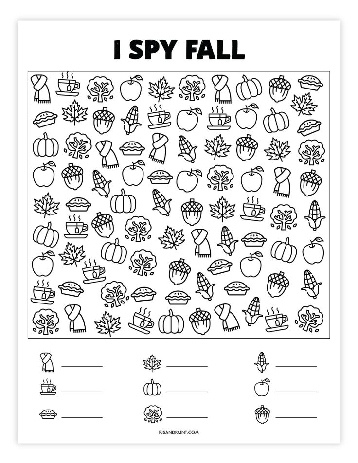 the i spy fall worksheet is shown in black and white, with an image of