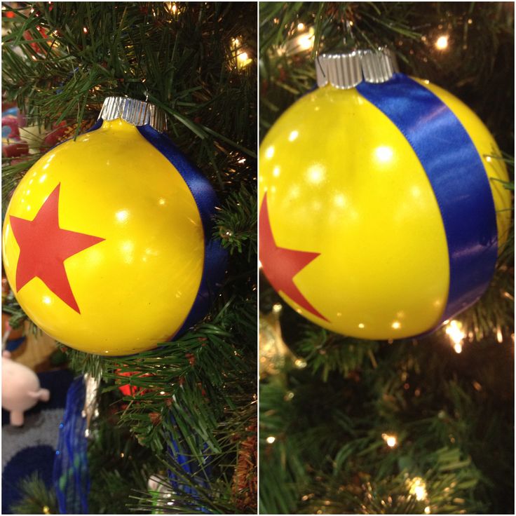 two pictures of a christmas ornament hanging from a tree, one is yellow and the other is blue