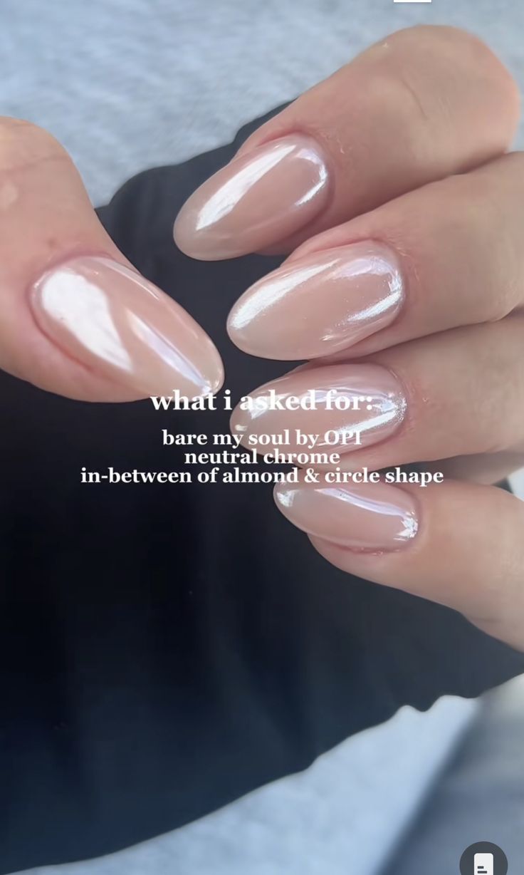 Clean Nail Manicure, Nail Color For Bridesmaid, Pearlescent Gel Nails, Gel Dip Manicure Ideas, Put It In Neutral With White Chrome, Pearly Neutral Nails, Bare My Soul Chrome Nails, Fall Wedding Nails For Bridesmaid, Engagement Nails Chrome