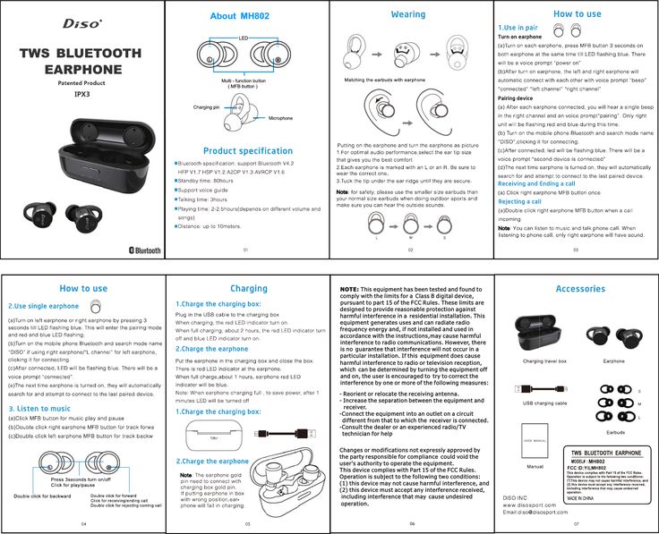 an instruction manual for how to use the bluetooth earphone, including instructions and pictures