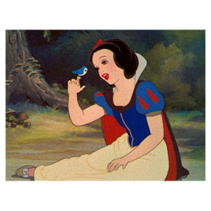 snow white sitting on the ground with a bird in her hand