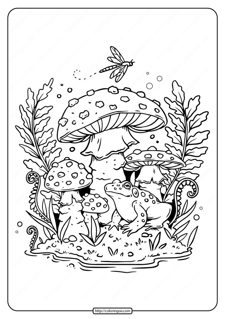 a black and white drawing of mushrooms in the forest with butterflies flying over them, surrounded by plants