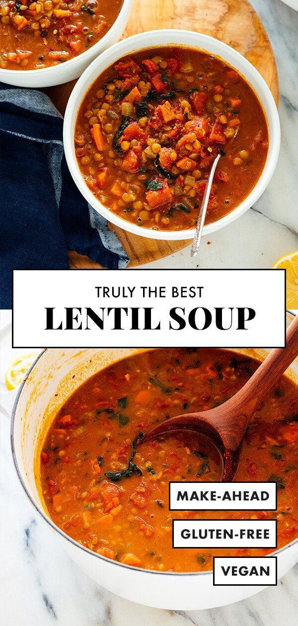 three bowls of lentil soup with the title overlay