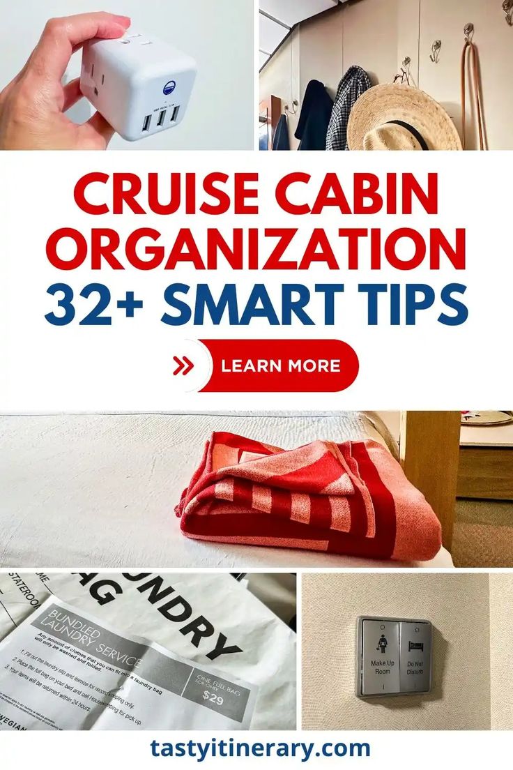 a collage of photos with the words cruise cabin organization and smart tips on it