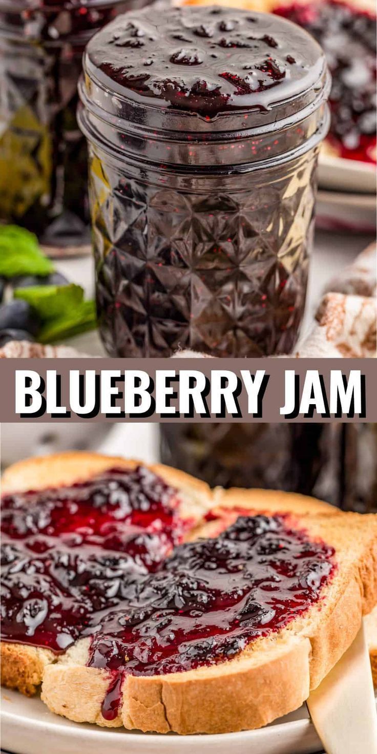 blueberry jam in a jar on a white plate with bread and berries around it