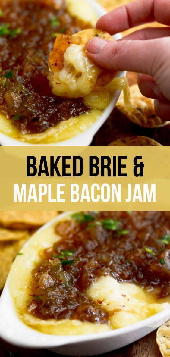 baked brie and maple bacon jam in a white bowl with tortilla chips