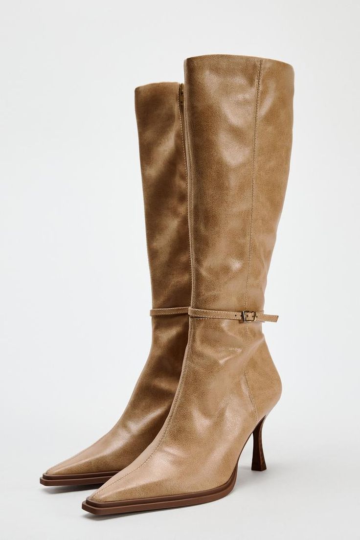 THIN HEELED BOOTS - Sandy Brown | ZARA United States 90s Minimalism Fashion, Zapatos Mary Jane, Knee High Heels, Style Goals, Cardigan Sweater Dress, Autumn Season, Shoe Obsession, Fall 2023, Shoes Trainers