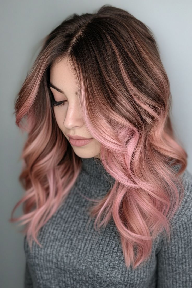 Hair Color Designs Short Hair, Dark Blonde Pink Balayage, Subtle Pink Balayage, Pastel Money Piece Hair, Baby Pink Highlights In Brown Hair, Hair Dye Ideas For Dirty Blonde, Hair Color Winter 2024, Brunette Pink Hair, Dark Hair With Color