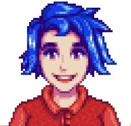 a pixel art image of a woman with blue hair and red shirt smiling at the camera