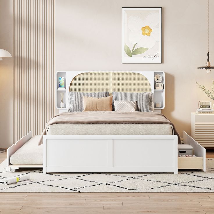 a white bed sitting on top of a wooden floor next to a dresser and lamp