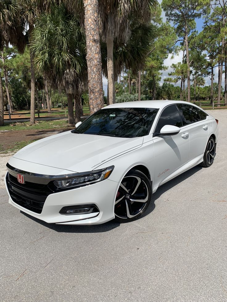 a white car parked in a parking lot next to some trees and palm trees on the other side of the road