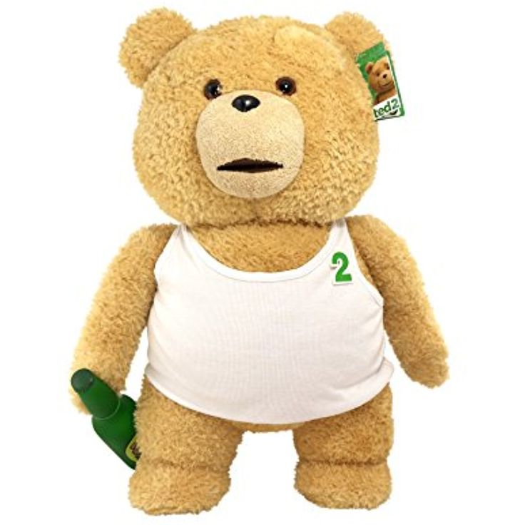 a brown teddy bear wearing a white shirt and holding a green object in his hand